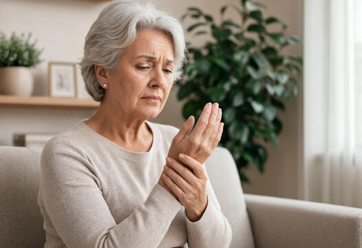 Elderly Woman Experiencing Wrist Pain Sitting Comfortably At Home