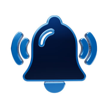 A glossy, three-dimensional blue notification bell with sound waves radiating from the sides, isolated on a dark black background, for alerts isolated on a transparent background