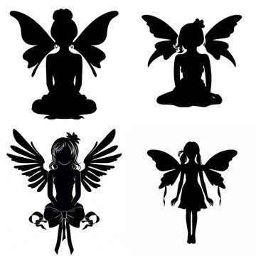 Set of four fairy silhouettes with wings isolated on a white background