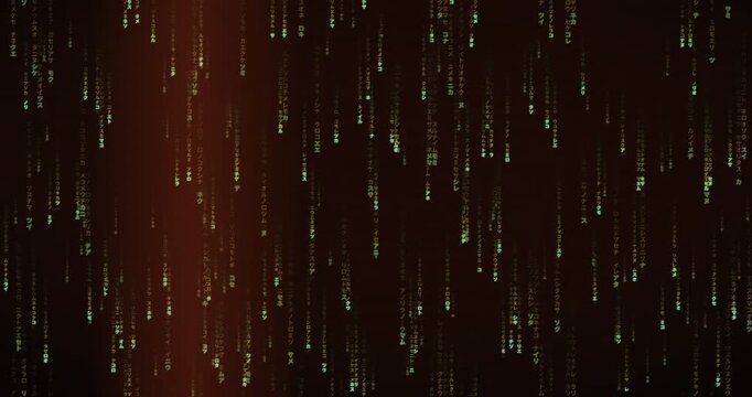Japanese katakana characters fall in a layered parallax rain animation, creating a signal breach ambiance.