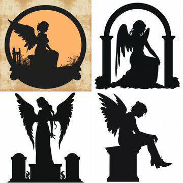 Angel silhouette collection for cemetery tombstone design and memorial art graphics