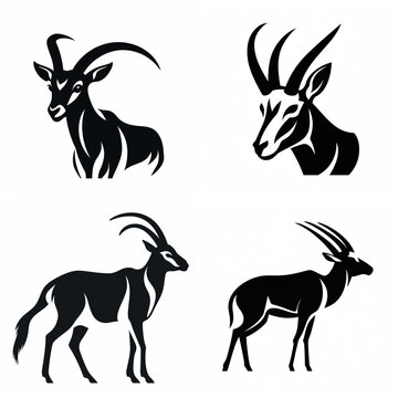 Black and white antelope silhouettes set, wild animal vector icons for graphic design.
