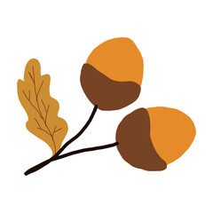 Minimalist Two Orange Acorns with Yellow Oak Leaf © diah