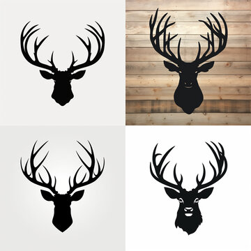 Deer head silhouette icons and antler wall decor set for rustic lodge design elements.