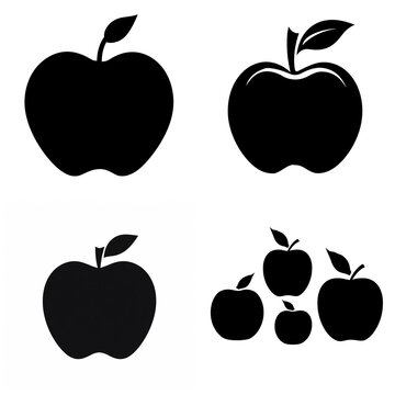 Black apple silhouettes and fruit icons set for healthy food design and organic branding.