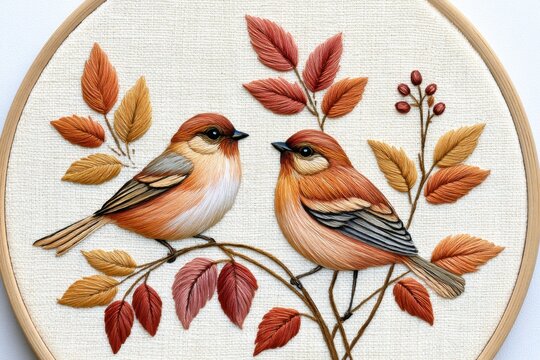 Hand-embroidered illustration of two songbirds perched on branches surrounded by autumn leaves and berries in a round embroidery hoop