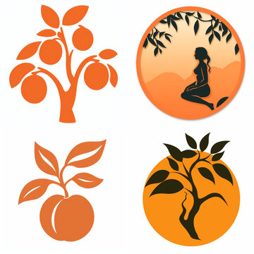 Set of orange apricot fruit icons and silhouettes with tree and woman figure designs.