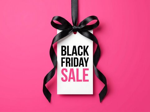 Black Friday sale tag with pink background and black ribbon