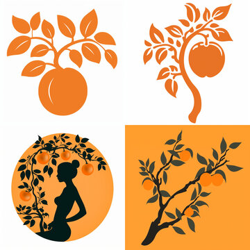 Set of apricot tree icons and silhouette illustration with woman profile on orange background