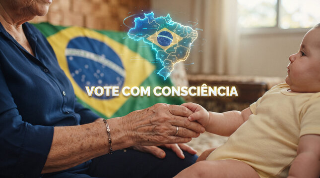Generations holding hands with Brazil flag