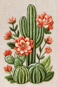 Handcrafted botanical embroidery illustration featuring a tall saguaro cactus, round barrel cacti, prickly pear, and vibrant desert flowers on natural beige linen