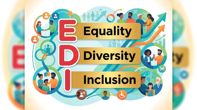 EDI acronym concept for equality diversity and inclusion. Corporate social responsibility banner with diverse people and growth arrows.