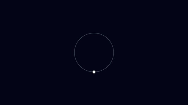 Minimalist loading spinner animation with 4k white dot orbiting a circular path on dark background circle