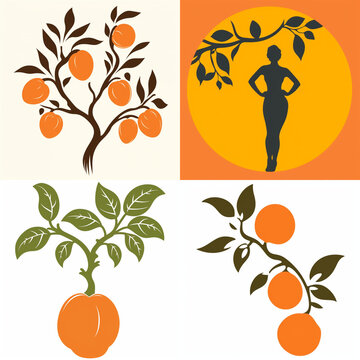 Set of orange fruit tree illustrations and woman silhouette icons for graphic design projects.