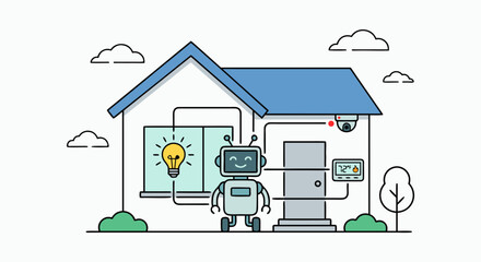 Obraz premium AI Smart Home Automation and Internet of Things Concept with Robot in Flat Line Art