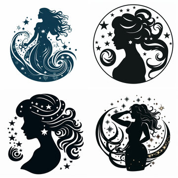 Aquarius zodiac sign silhouettes and celestial woman icons set