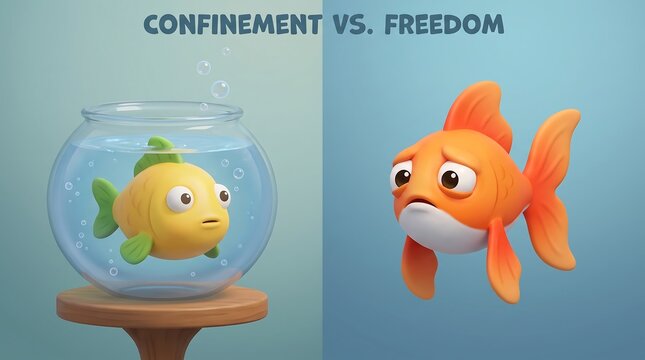 Confinement vs Freedom conceptual comparison, goldfish in small bowl versus large free fish, mental health and liberty metaphor