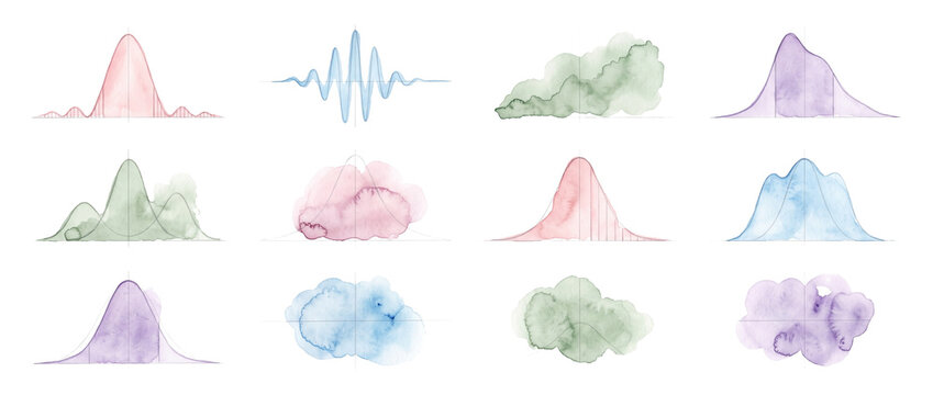 Statistical data chart watercolor illustration set with bell curve graphs and wave frequency diagrams showing normal probability distribution for science math and analytics design background