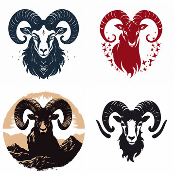Aries zodiac sign ram head icons, set of four stylized goat illustrations for astrology.