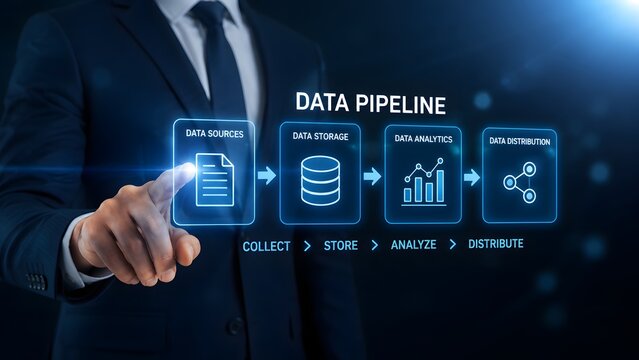 Modern data pipeline architecture transforming raw information into actionable insights through integrated systems and advanced analytics for business growth