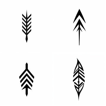 Set of four hand drawn arrow icons, tribal style black and white vector design elements.