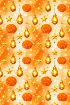 Diwali marigold lantern and star seamless pattern background for festive wallpaper gift wrap and holiday decoration design