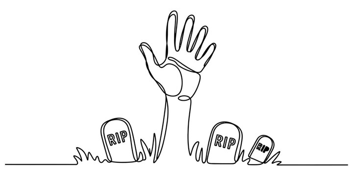 Continuous single line drawing of a human hand emerging from the ground between three small tombstone markers with rip text for a scary halloween theme Vector, illustration