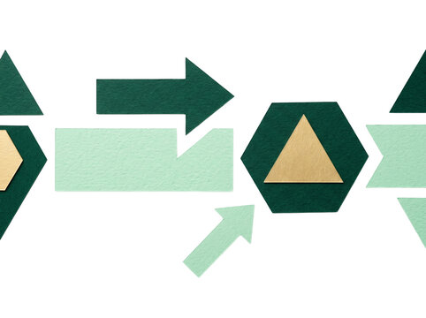 Abstract geometric paper cutouts arrows pointing strategy workflow collage on black background for modern business infograph layout direction progress concept banner minimalist design template