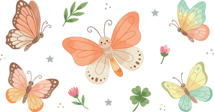 Adorable pastel insect vector illustration collection with clover green leaf pink flowers and stars design assets for kids nursery fabric patterns