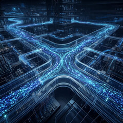 Fototapeta premium Abstract digital data flow in interconnected network with blue light streams illustrating communication technology and internet big data transfer in dark server room environment.