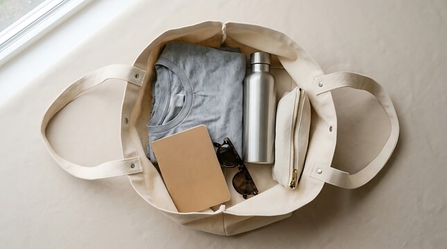 Minimalist flat lay of a canvas tote bag containing daily essentials like a shirt, water bottle, and notebook on a neutral surface