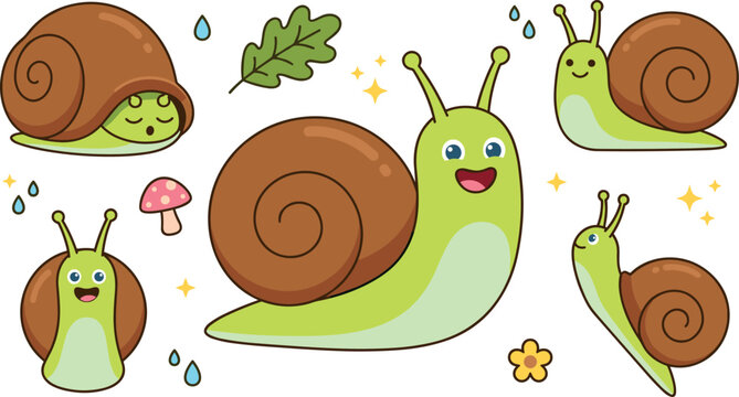 Adorable garden snail vector illustration collection with oak leaf mushroom flower raindrops and stars design assets for children nursery sticker patterns