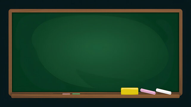 Empty green chalkboard with wooden frame and chalk sticks for classroom education and learning.