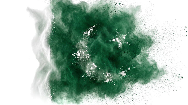 Dynamic burst of green powder particles exploding in a cloud isolated on transparent background