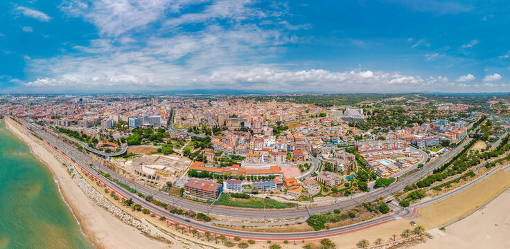 Panoramic aerial view of Roman Amphitheatre and Tarragona coastline Spain
