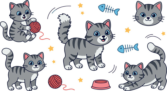 Adorable tabby kitten vector illustration collection with fish bone bowl stars and yarn ball design assets for pet lovers children patterns