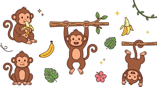 Cute monkey cartoon vector character set with tropical elements featuring hanging sitting eating banana and climbing monkeys isolated on white background