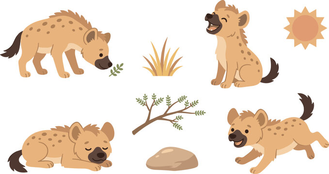 Set of adorable wild hyena pup vector bundle with dry grass sun branch and stone in flat style for savanna wildlife designs