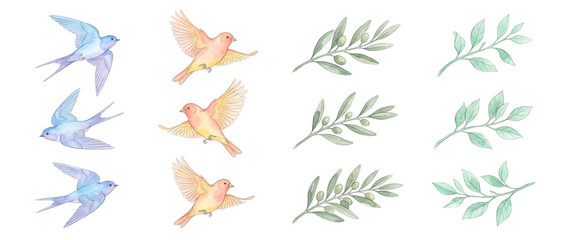 Fototapeta premium Watercolor Birds Olive Branch Clipart set featuring flying swallows and finches with green botanical foliage for spring craft, isolated design elements on black background hand drawn nature art image