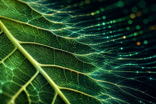 Leaf veins glowing with light in macro natural background