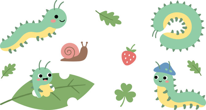Set of adorable green caterpillar vector bundle with snail strawberry leaves clover and mushroom hat in flat style for bug wildlife designs