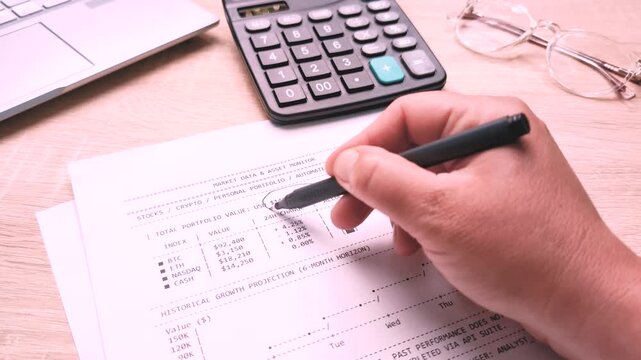 Hand holding pen reviewing financial statistics Printed business statement circling total income amount Concept of revenue analysis accounting financial reporting earnings business money management