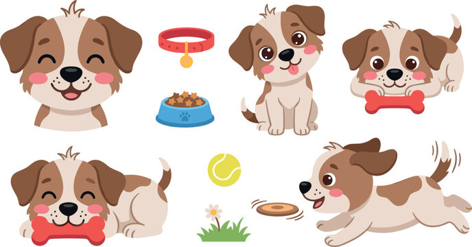 Set of adorable domestic puppy vector bundle with dog collar food bowl tennis ball and bone in flat style for pet designs
