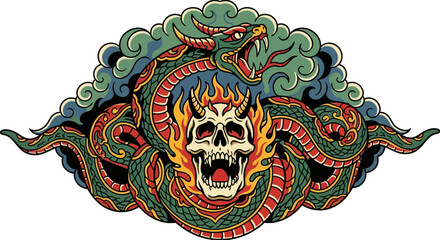 Fototapeta premium Traditional Tattoo Style Illustration of a Dragon and Flaming Demon Skull