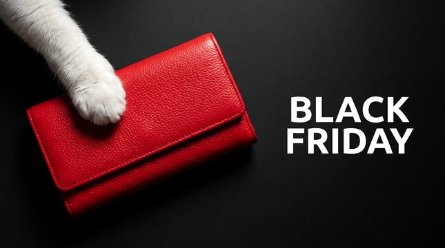 Black Friday sale advertisement with cat paw holding red wallet