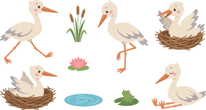 Adorable newborn delivery stork vector sticker pack collection featuring happy baby bird characters isolated on a clean white background