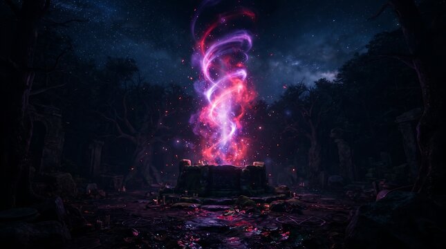 Magical glowing purple and pink energy vortex in a dark mystical forest with sci fi mystical supernatural abstract