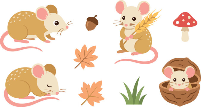 Adorable field mouse vector sticker pack collection featuring happy woodland rodent characters isolated on a clean white background
