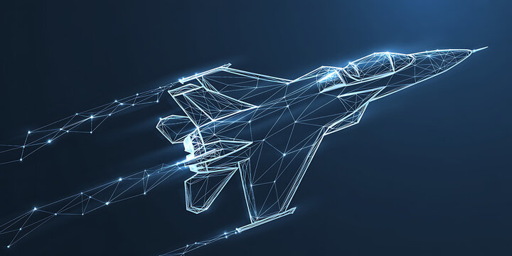 Low poly wireframe fighter jet in flight with glowing blue nodes on a dark blue background.