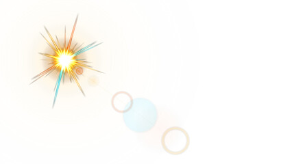 Warm cinematic lens flare with starburst and optical bokeh circles. PNG image of glowing sunlight flare isolated on transparent background. © Rod
